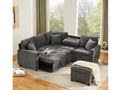 Sofá-cama conversível - 205 x 205 x 85 cm - com pufe de arrumação + candeeiro de leitura + porta USB-C + mesa lateral embutida - estampado em chenille - cinzento