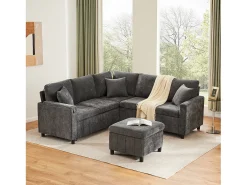 Sofá-cama conversível - 205 x 205 x 85 cm - com pufe de arrumação + candeeiro de leitura + porta USB-C + mesa lateral embutida - estampado em chenille - cinzento