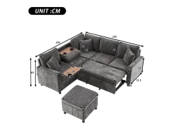 Sofá-cama conversível - 205 x 205 x 85 cm - com pufe de arrumação + candeeiro de leitura + porta USB-C + mesa lateral embutida - estampado em chenille - cinzento