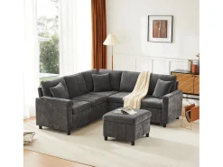 Sofá-cama conversível - 205 x 205 x 85 cm - com pufe de arrumação + candeeiro de leitura + porta USB-C + mesa lateral embutida - estampado em chenille - cinzento