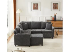 Sofá-cama conversível - 205 x 205 x 85 cm - com pufe de arrumação + candeeiro de leitura + porta USB-C + mesa lateral embutida - estampado em chenille - cinzento