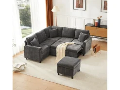 Sofá-cama conversível - 205 x 205 x 85 cm - com pufe de arrumação + candeeiro de leitura + porta USB-C + mesa lateral embutida - estampado em chenille - cinzento