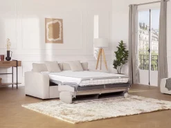 Sofá-cama conversível Express em veludo cotelê bege, com estrado de ripas de 160 cm e 16 cm de espessura, MONDOVI