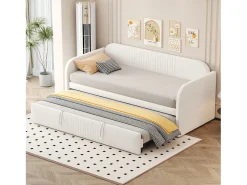 Sofá-cama conversível 90/180x190 cm com listras verticais, base ripada, cama multifuncional em tecido macio - Bege