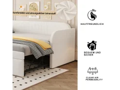 Sofá-cama conversível 90/180x190 cm com listras verticais, base ripada, cama multifuncional em tecido macio - Bege
