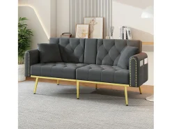 Sofá-cama convertível de 2 lugares - Suporte para copos, 2 apoios lombares e bolsos laterais - Veludo cinzento