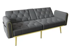 Sofá-cama convertível de 2 lugares - Suporte para copos, 2 apoios lombares e bolsos laterais - Veludo cinzento