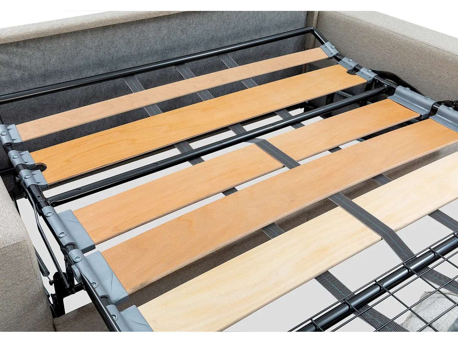 Sofá-cama couro sintético cinza-toupeira assento com assento de memória de forma 160 cm ripas largas 18 cm CALIFE
