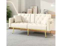 Sofá-cama de 2 lugares - 175 x 80 x 73,5 cm - 3 posições reclináveis e com porta-copos - veludo - bege