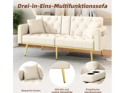 Sofá-cama de 2 lugares - 175 x 80 x 73,5 cm - 3 posições reclináveis e com porta-copos - veludo - bege
