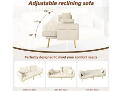 Sofá-cama de 2 lugares - 175 x 80 x 73,5 cm - 3 posições reclináveis e com porta-copos - veludo - bege