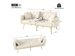 Sofá-cama de 2 lugares - 175 x 80 x 73,5 cm - 3 posições reclináveis e com porta-copos - veludo - bege