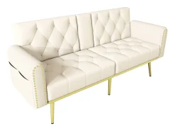 Sofá-cama de 2 lugares - 175 x 80 x 73,5 cm - 3 posições reclináveis e com porta-copos - veludo - bege