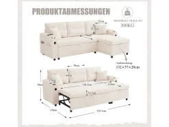 Sofá-cama de 3 lugares - 212,5 x 136 x 86 cm - com porta-copos + porta USB + espaço de armazenamento - sofá-cama retrátil - linho - bege