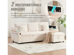 Sofá-cama de 3 lugares - 212,5 x 136 x 86 cm - com porta-copos + porta USB + espaço de armazenamento - sofá-cama retrátil - linho - bege