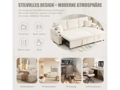 Sofá-cama de 3 lugares - 212,5 x 136 x 86 cm - com porta-copos + porta USB + espaço de armazenamento - sofá-cama retrátil - linho - bege