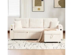Sofá-cama de 3 lugares - 212,5 x 136 x 86 cm - com porta-copos + porta USB + espaço de armazenamento - sofá-cama retrátil - linho - bege