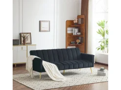 Sofá-cama de 2 lugares em veludo - 183 x 76 x 75 cm - Pés de metal dourado - Preto