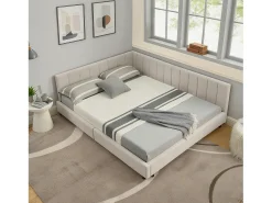 Sofá-cama de casal 160x200cm com costas altas, estrado de ripas, veludo bege