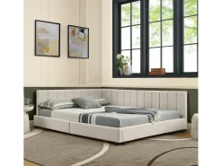 Sofá-cama de casal 160x200cm com costas altas, estrado de ripas, veludo bege