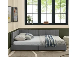 Sofá-cama de casal 160x200cm com costas altas, estrado de ripas, veludo cinzento