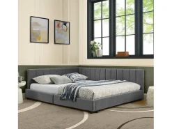 Sofá-cama de casal 160x200cm com costas altas, estrado de ripas, veludo cinzento