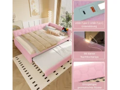 Sofá-cama de criança - 140 x 200 cm + 90 x 190 cm - com candeeiro de cabeceira + USB - veludo - rosa