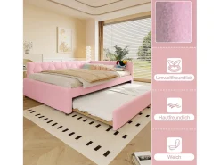 Sofá-cama de criança - 140 x 200 cm + 90 x 190 cm - com candeeiro de cabeceira + USB - veludo - rosa