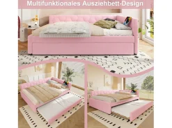 Sofá-cama de criança - 140 x 200 cm + 90 x 190 cm - com candeeiro de cabeceira + USB - veludo - rosa