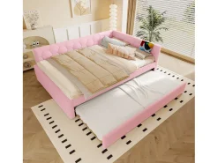 Sofá-cama de criança - 140 x 200 cm + 90 x 190 cm - com candeeiro de cabeceira + USB - veludo - rosa