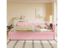 Sofá-cama de criança - 140 x 200 cm + 90 x 190 cm - com candeeiro de cabeceira + USB - veludo - rosa