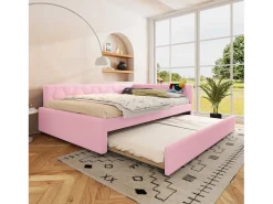 Sofá-cama de criança - 140 x 200 cm + 90 x 190 cm - com candeeiro de cabeceira + USB - veludo - rosa