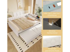 Sofá-cama de criança - 140 x 200 cm + 90 x 190 cm - com candeeiro de cabeceira + USB - veludo - rosa