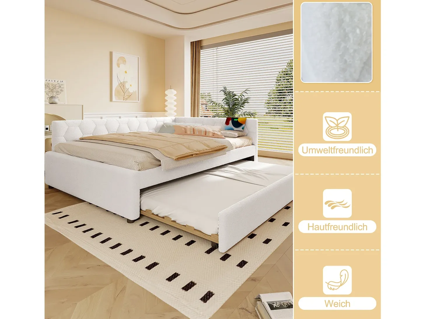 Sofá-cama de criança - 140 x 200 cm + 90 x 190 cm - com candeeiro de cabeceira + USB - veludo - rosa