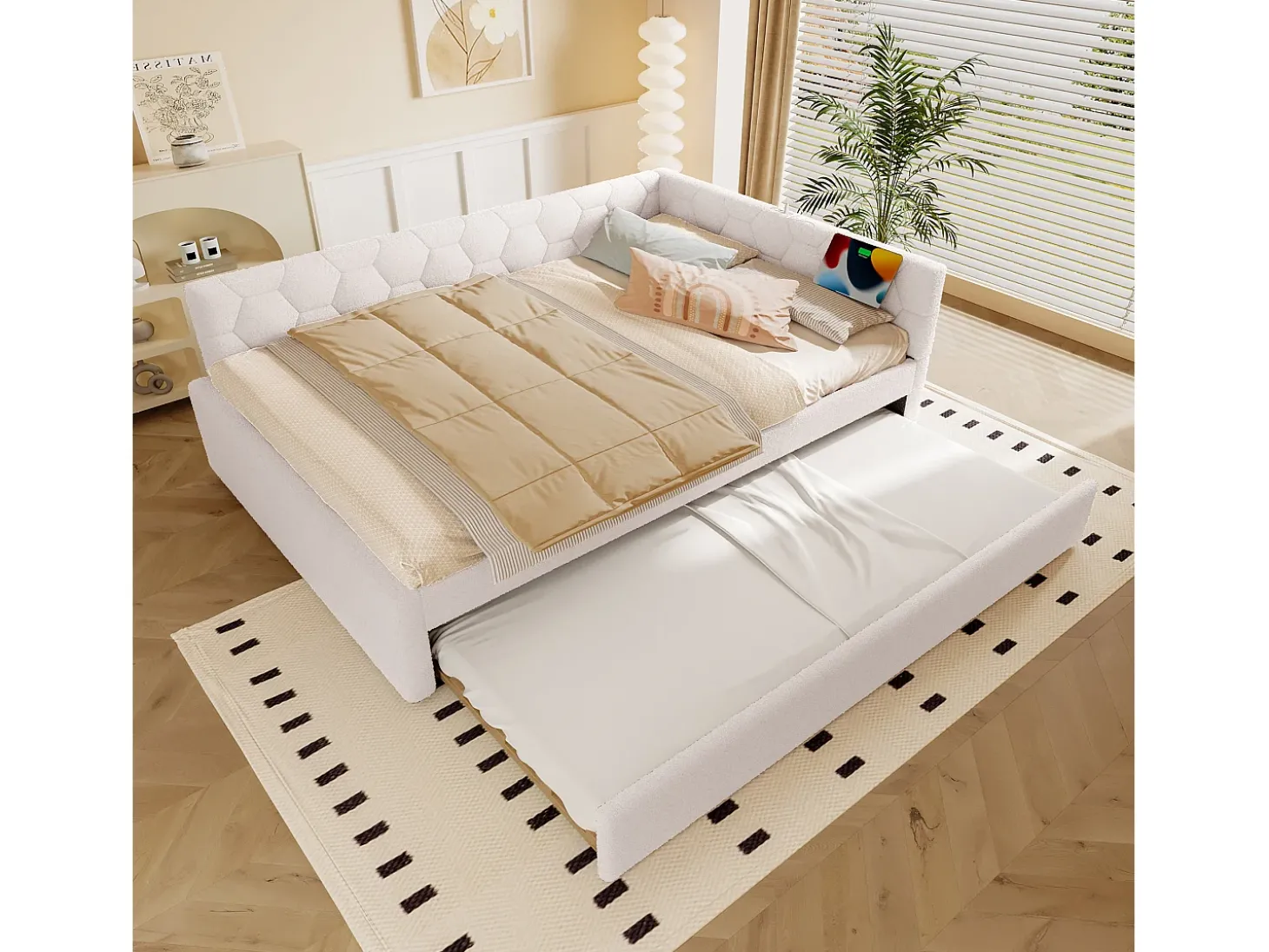 Sofá-cama de criança - 140 x 200 cm + 90 x 190 cm - com candeeiro de cabeceira + USB - veludo - rosa
