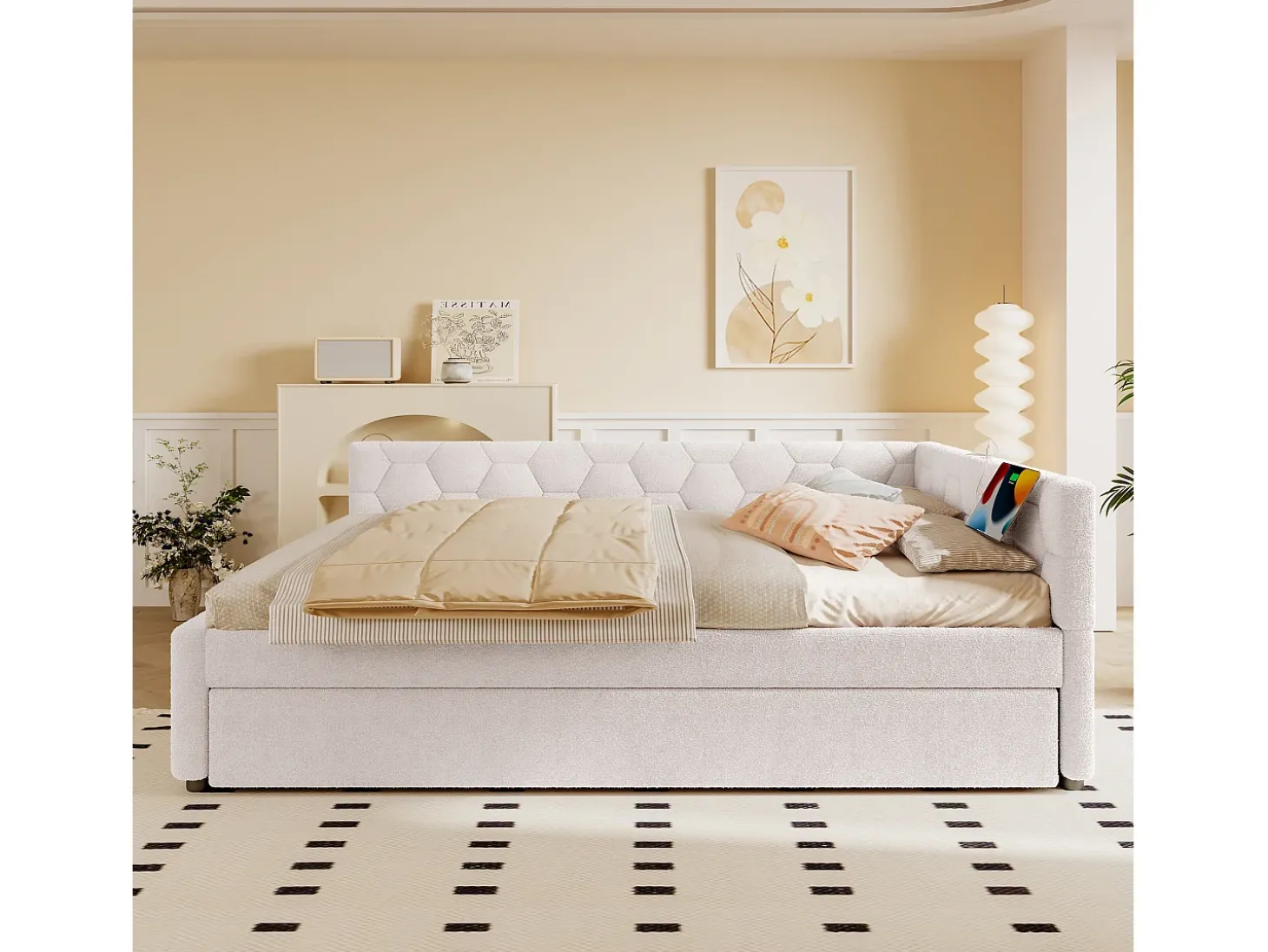 Sofá-cama de criança - 140 x 200 cm + 90 x 190 cm - com candeeiro de cabeceira + USB - veludo - rosa
