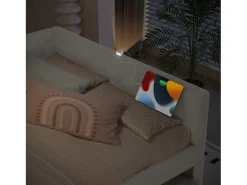Sofá-cama de criança - 140 x 200 cm + 90 x 190 cm - com candeeiro de cabeceira + USB - veludo - rosa