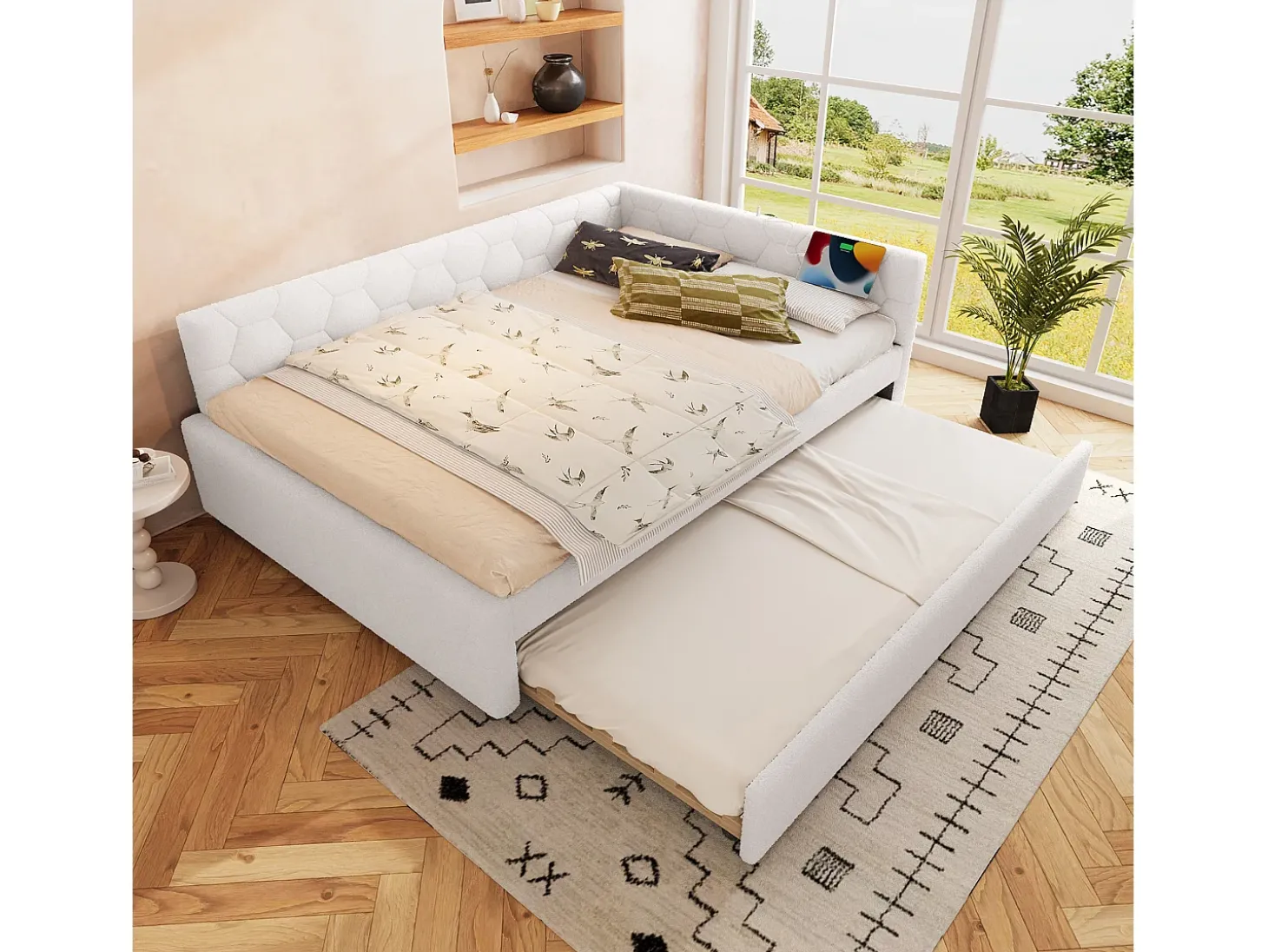 Sofá-cama de criança - 140 x 200 cm + 90 x 190 cm - com candeeiro de cabeceira + USB - veludo - rosa