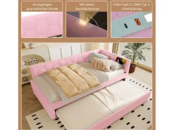 Sofá-cama de criança - 90 x 200 cm + 90 x 190 cm - com candeeiro de cabeceira + USB - veludo - rosa