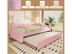 Sofá-cama de criança - 90 x 200 cm + 90 x 190 cm - com candeeiro de cabeceira + USB - veludo - rosa