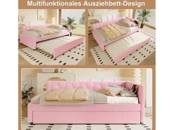 Sofá-cama de criança - 90 x 200 cm + 90 x 190 cm - com candeeiro de cabeceira + USB - veludo - rosa