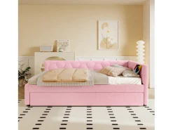 Sofá-cama de criança - 90 x 200 cm + 90 x 190 cm - com candeeiro de cabeceira + USB - veludo - rosa
