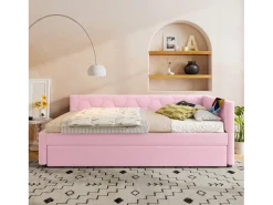 Sofá-cama de criança - 90 x 200 cm + 90 x 190 cm - com candeeiro de cabeceira + USB - veludo - rosa