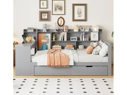 Sofá-cama de madeira maciça 90×200 cm - com escrivaninha - com 2 gavetas - com tomada - cinza (colchão não incluído)