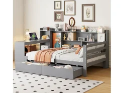 Sofá-cama de madeira maciça 90×200 cm - com escrivaninha - com 2 gavetas - com tomada - cinza (colchão não incluído)