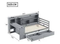 Sofá-cama de madeira maciça 90×200 cm - com escrivaninha - com 2 gavetas - com tomada - cinza (colchão não incluído)