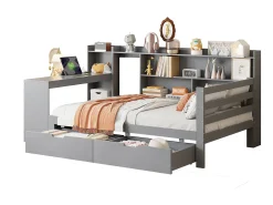 Sofá-cama de madeira maciça 90×200 cm - com escrivaninha - com 2 gavetas - com tomada - cinza (colchão não incluído)
