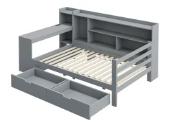 Sofá-cama de madeira maciça 90×200 cm - com escrivaninha - com 2 gavetas - com tomada - cinza (colchão não incluído)