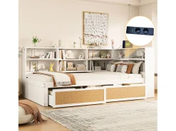 Sofá-cama de madeira maciça 90×200 cm - com 2 gavetas - múltiplos espaços de armazenamento - com porta de carregamento - branco (sem colchão)