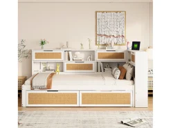 Sofá-cama de madeira maciça 90×200 cm - com 2 gavetas - múltiplos espaços de armazenamento - com porta de carregamento - branco (sem colchão)